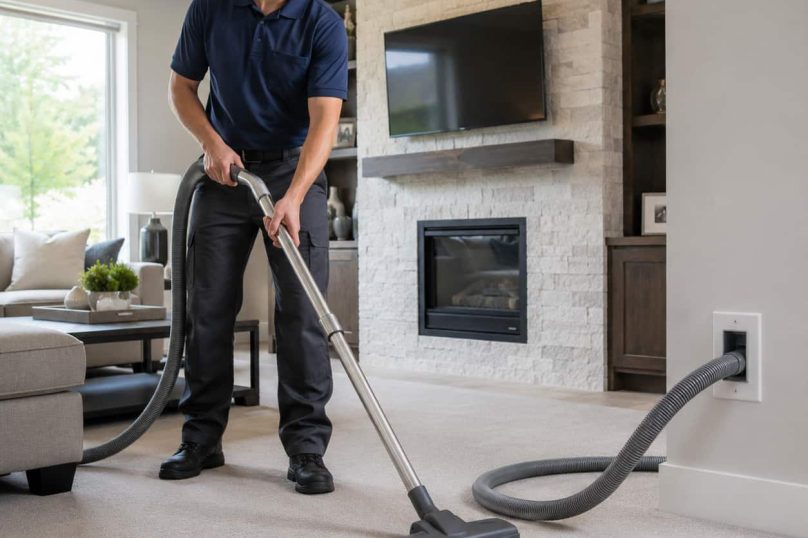 Vacuuming in a modern living room